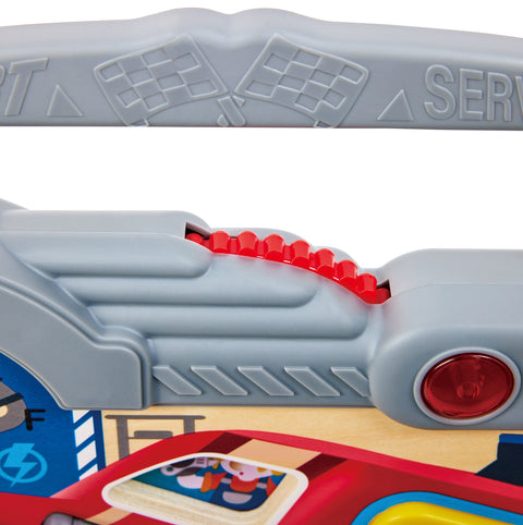 Close-up of Hape Little Racer's Busy Board with a gray track and red connectors.