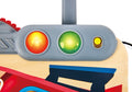 Close-up of Hape Little Racer's Busy Board with red, green, and yellow lights on a white background