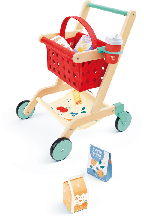 Hape Little Shopper's Cart & Basket with accessories on a white background