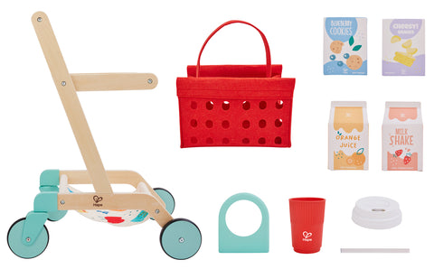 Hape Little Shopper's Cart & Basket with red basket and miniature food packages on a white background