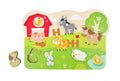 Hape Farm Animals Peg Puzzle, a colourful wooden puzzle board with easy-grip pegged pieces shaped like friendly farm animals.