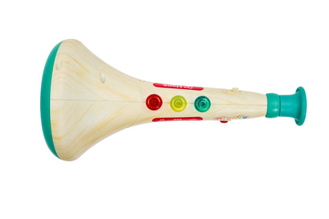 Child playing the Hape Pixelz Musical Maestro Trumpet