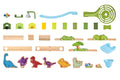 Flat lay of all 131 Hape Dino Adventure Run pieces including marbles, connector blocks, rails, a spiral funnel, a bell, a slide, dinosaur figures and fossil pieces