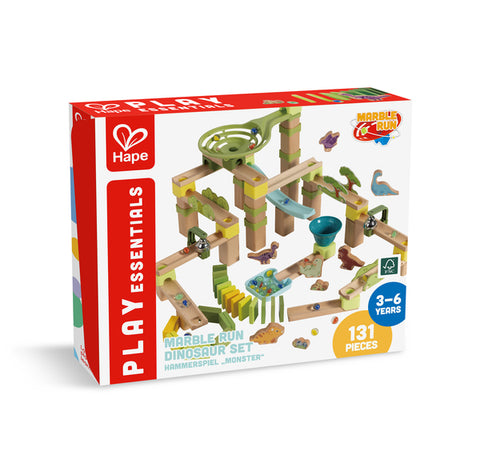 Hape Play Essentials Dino Adventure Run 131 piece box packaging showing the assembled marble run, ages 3-6 years