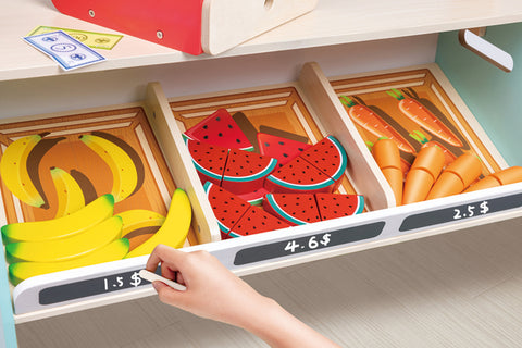 Hape Farmers Market Stall wooden play shop with cash register and play food