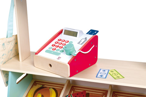 Hape Farmers Market Stall wooden play shop with cash register and play food