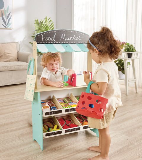 Hape Farmers Market Stall wooden play shop with cash register and play food