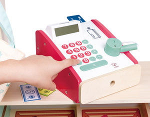 Hape Farmers Market Stall wooden play shop with cash register and play food