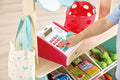 Hape Farmers Market Stall wooden play shop with cash register and play food