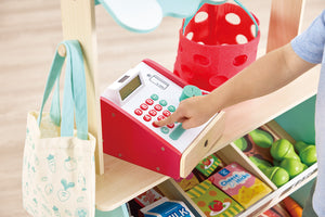 Hape Farmers Market Stall wooden play shop with cash register and play food