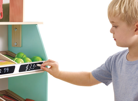 Hape Farmers Market Stall wooden play shop with cash register and play food