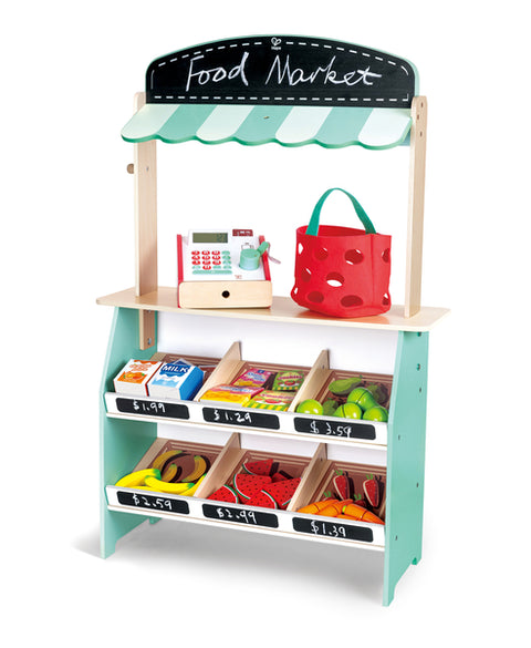 Hape Farmers Market Stall wooden play shop with cash register and play food