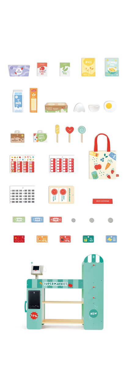 Hape Smart Play Shop contents on a white background