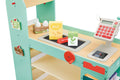 Hape Smart Play Shop with various items on a wooden play kitchen counter