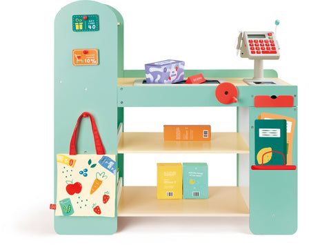 Hape Smart Play Shop with shelves, a cash register, and various items on a white background