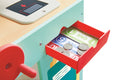 Hape Smart Play Shop  cash register with coins and a toy cash drawer on a colorful background