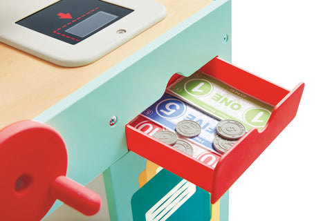 Hape Smart Play Shop  cash register with coins and a toy cash drawer on a colorful background