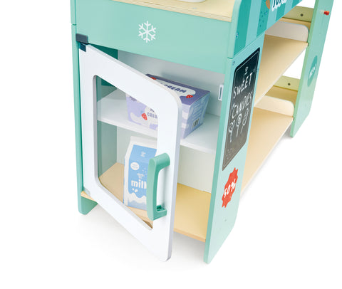 Hape Smart Play Shop with shelves and toy food items on a white background