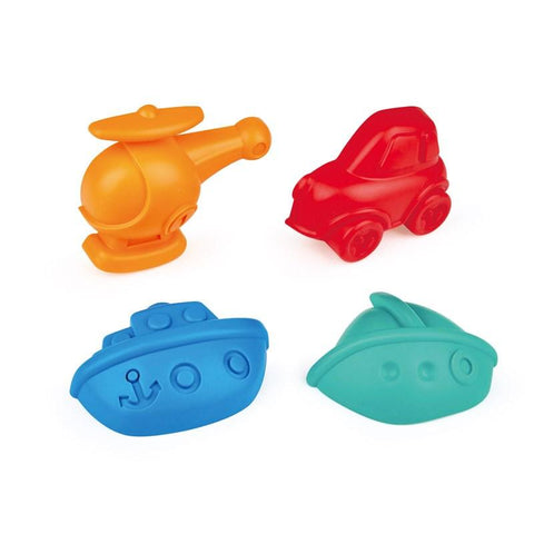 The Hape Travel Sand Mold Set by Hape features four vibrant sand molds: an orange helicopter, a red car, a blue boat with an anchor design, and a teal boat with a sail-like design. These smooth, rubbery toys are ideal for crafting detailed sand castles.