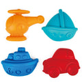 The Hape Travel Sand Mold Set showcases a delightful assortment of four colorful rubber bath toys: an orange helicopter, a blue sailboat, a blue ship, and a red car. Each toy features simplistic designs with minimal details, making them ideal for young children. These charming companions are perfect for creating imaginative beach designs alongside the trusted quality of Hape products.