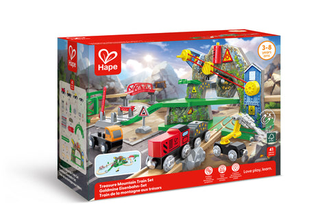 Hape Treasure Mountain Train Set assembled with mountain, crane and track