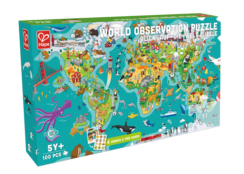 A colorful box displays the "Hape HAPE World Observation Puzzle" by Hape. This educational game for kids features an illustrated world map with animals, landmarks, and various objects. It has 100 pieces and is suitable for ages 5 and up. Six search-and-find cards are included to enhance the fun learning experience.