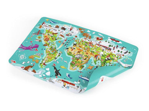 The Hape HAPE World Observation Puzzle by Hape is a colorful illustrated world map for children, featuring cartoon animals and landmarks from various continents. This map doubles as an educational game for kids, showcasing a light blue ocean background with different shades of green landmasses. The bottom corner is slightly curled up.