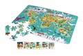 The Hape HAPE World Observation Puzzle, partially assembled on a white surface, reveals pieces depicting various continents adorned with animals and landmarks. Beneath the puzzle, six illustrated cards display children from different countries, each labeled with their name and respective country. This geography learning toy from Hape is an engaging educational game for kids.