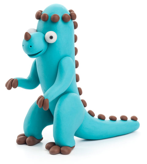 One of the charming dinos from the Hey Clay 6 pack - Dinos play-set by Hey Clay stands upright, showcasing its playful, cartoonish blue features. With short brown-tipped arms and legs, it sports a friendly expression accentuated by exaggerated white eyes, brown spots down its back, and a small horn on its nose. Set against a plain white background, this colorful creation is perfect for sensory development.