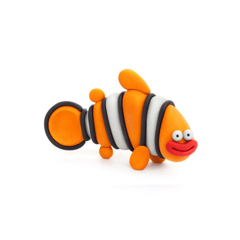 The Hey Clay Single Pack - Clownfish from Hey Clay includes a vibrant clay model featuring an orange body with black stripes, white bands, and a red mouth. This cheerful clownfish has large, round eyes and intricate fins and tail, making it an excellent choice for play-based learning or sensory development activities on a white background.