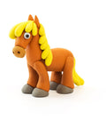 Using the Hey Clay Single Pack - Horse by Hey Clay, you can create an adorable and vibrant horse toy featuring a bright yellow mane and tail, and large round eyes. This orange horse, with gray-hoofed legs, stands proudly against a white background. It's perfect for sensory development and offers hours of creative fun!