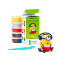 Contents of the Hey Clay Minions Stuart set laid out, with five tubs of soft air-dry clay in bright colours and a sculpting tool