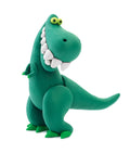 The Hey Clay Single Pack - Tyrannosaurus by Hey Clay is a green, cartoonish dinosaur figure crafted from modeling clay. It features a large head with big white teeth and stands upright on large legs with small arms and a long tail. The dinosaur's closely set eyes give it a friendly and playful appearance, making it ideal for sensory development activities.