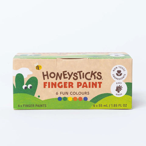Box of Honeysticks finger paint with colorful design on a white background