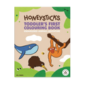 Front cover of the Honeysticks Toddler's First Colouring Book - Endangered Animals Adventure, featuring a whale, kiwi and monkey illustration and '40 x Pages' label