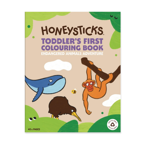 Front cover of the Honeysticks Toddler's First Colouring Book - Endangered Animals Adventure, featuring a whale, kiwi and monkey illustration and '40 x Pages' label