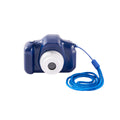 Front view of the Dark Blue Jadore Digital Camera showing the lens and playful colourful design