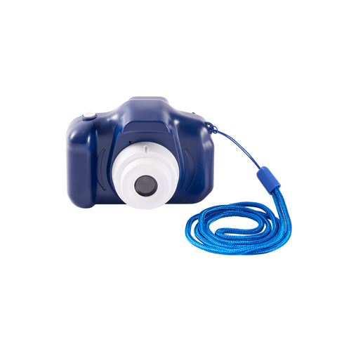 Front view of the Dark Blue Jadore Digital Camera showing the lens and playful colourful design