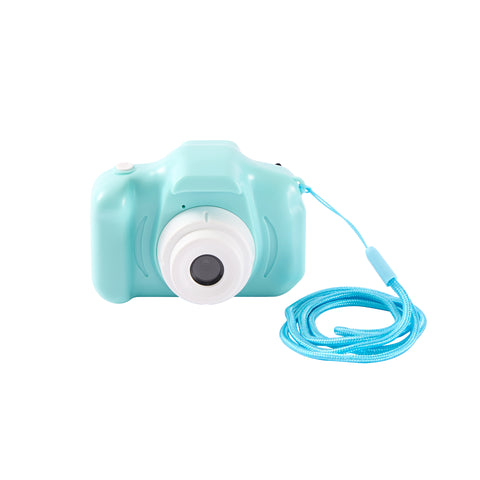 Front view of the Aqua Jadore Digital Camera showing the lens and playful colourful design