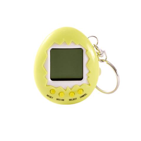 Close-up of the J'adore Digital Pet in yellow, showing the screen and control buttons