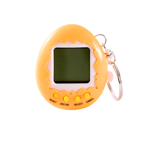 Close-up of the J'adore Digital Pet in orange, showing the screen and control buttons