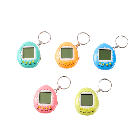 The five available colourways of the J'adore Digital Pet: mint, orange, blue, pink and yellow, each on a keyring