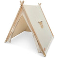 The Kinderfeets Tent by Kinderboard is a beige canvas tent with wooden poles. It features an open entryway with tied-back flaps, a roll-up window with ties on the front side, and a minimalist design, making it ideal for fostering cognitive developmental skills through fantasy play.