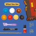 The "Klutz Harry Potter Clay Charms" set from KLUTZ is displayed on a blue surface. The set includes six colorful polymer clay spheres, a red Harry Potter-themed nail polish, a Klutz-branded pen, a transparent crafting tool, a gold chain for creating charm bracelets, golden rings, and an ornate train card. The header reads "What You Get.