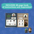 On a blue patterned background, an open Klutz Harry Potter Clay Charms book reveals step-by-step guides for crafting a character and a cauldron from polymer clay. Beside it, text reads, "INCLUDES 48-page book of instructions and inspiration!" Two miniature models are displayed at the bottom.