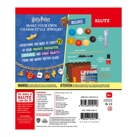 Package for "Klutz Harry Potter Clay Charms" by KLUTZ. The front displays charm bracelet samples, instructions, and tools needed to craft jewelry inspired by Harry Potter characters, creatures, and objects using polymer clay. Suitable for ages 8+. Warnings and contents list are shown.