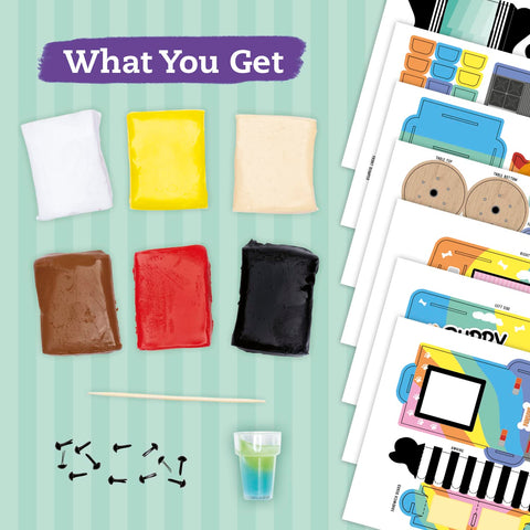 On a striped background, you'll find an assortment of colorful craft materials included in the Klutz Mini Clay World: Puppy Treat Truck by Klutz. This set features six clay blocks in white, yellow, beige, brown, red, and black—ideal for crafting charming clay puppies. Additionally, it contains several sheets of paper cutouts, black pins, a stick, and a small container with two-colored liquid. The text reads "What You Get.