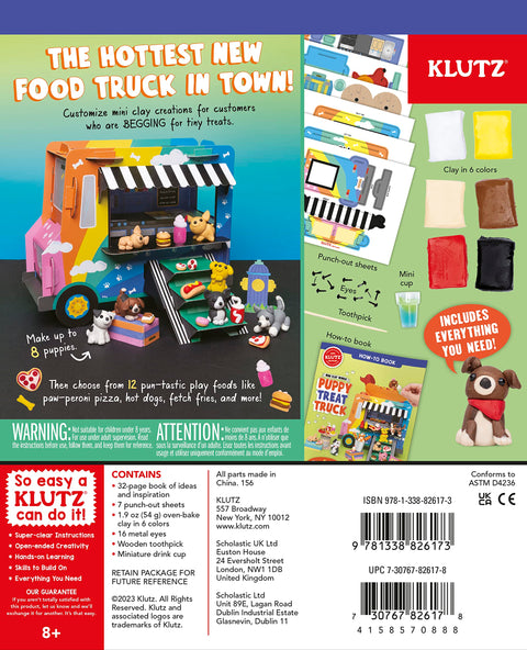 A vibrant toy kit, "Klutz Mini Clay World: Puppy Treat Truck," featuring materials to create mini clay puppies and food items. The box showcases a food truck with clay puppy customers, crafting tools, and colorful clay. Recommended for ages 8+. Includes a 24-page instruction book.