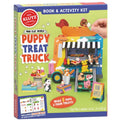 The image showcases the packaging of a Klutz Mini Clay World: Puppy Treat Truck kit by Klutz. The vibrant box displays a colorful clay food truck decorated with adorable clay puppies and treats. The text notes that it comes with a 52-page book and 54g of clay to create eight puppies and treats.