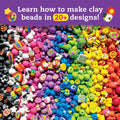 An assortment of vibrant handmade beads crafted from polymer clay, featuring diverse shapes and designs, meticulously arranged in a rainbow gradient. The text above the beads reads, "Learn how to make clay beads in 20+ designs!" accompanied by cheerful icons such as smiley faces and fruit symbols. This captivating display is brought to you by *Klutz The Ultimate Clay Bead Book* from KLUTZ.